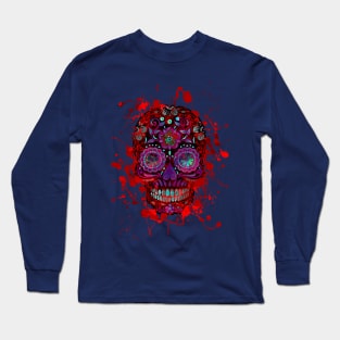 Funny Mexican Sugar Skull red grunge Long Sleeve T-Shirt